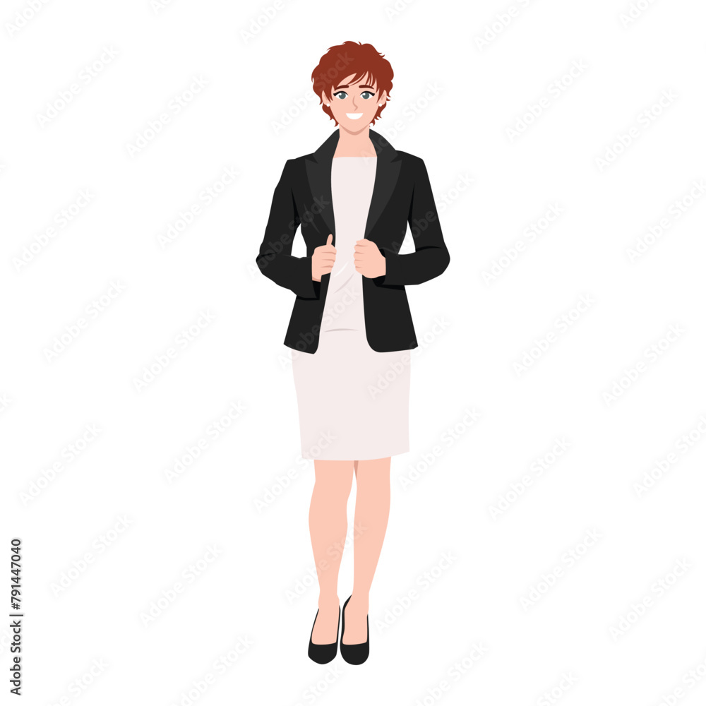 Business young executive woman with curly hair style in jacket skirt power suit. Flat vector illustration isolated on white background Business young executive woman with curly hair style in jacket skirt power suit. Flat vector illustration isolated on white background