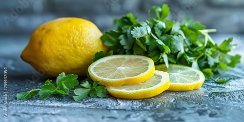 Sliced lemon and fresh parsley set on a dark, textured surface with dramatic lighting.