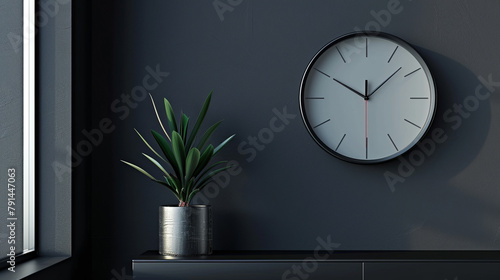 A minimalist clock ticking away the hours in a dark, elegant room with clean lines and a touch of color.