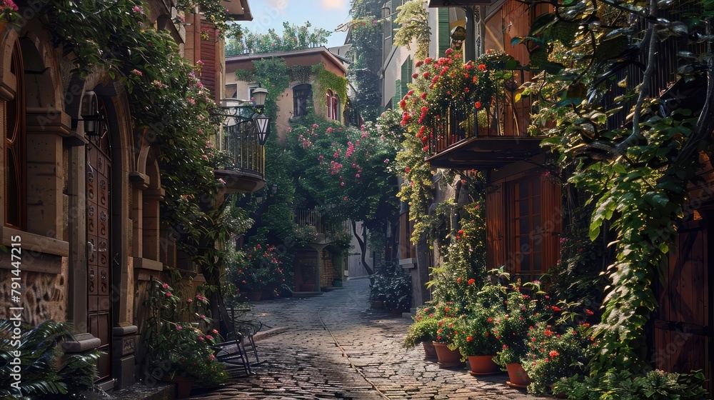 A charming cobblestone alleyway winding through a historic European village, its quaint architecture and flower-bedecked balconies evoking the timeless allure of a bygone era, 