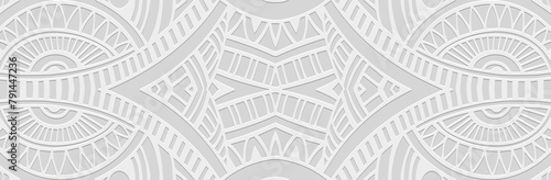 Banner. Relief geometric old unique 3D pattern on white background. Ornamental ethnic cover design, handmade. Creative boho motifs of the East, Asia, India, Mexico, Aztec, Peru.