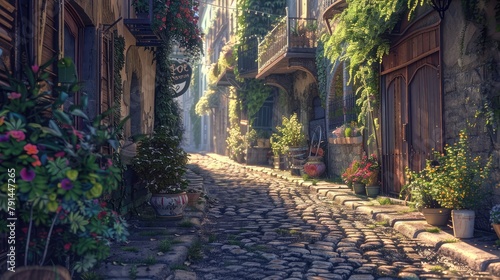 A charming cobblestone alleyway winding through a historic European village, its quaint architecture and flower-bedecked balconies evoking the timeless allure of a bygone era, 