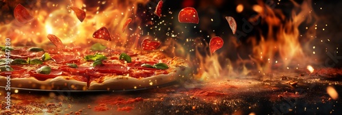 A dynamic image showing an exploding pepperoni pizza, with fiery effects to highlight the concept of hot and delicious