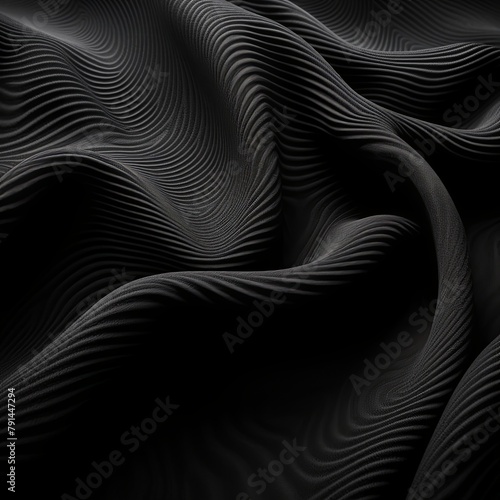 Black linen fabric with abstract wavy pattern. Background and texture for design, banner, poster or packaging textile product. Closeup. with copy space for photo text or product, blank empty copyspace