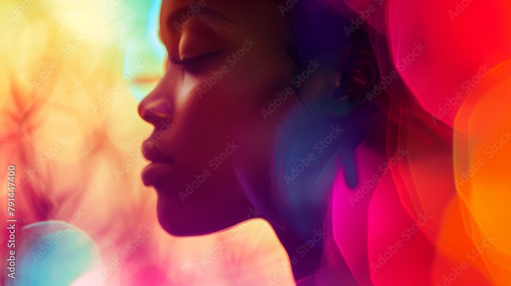 Close-up of an African American woman's profile with vibrant colorful lighting, showcasing artistic expression and beauty. Close-up of an African American woman's profile with vibrant colorful lighting, showcasing artistic expression and beauty.