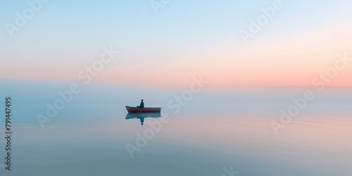 A man is sitting in a boat on a calm lake