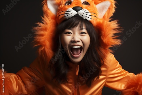 excited asian woman in tiger costume laughing at camera isolated on orange © Creative