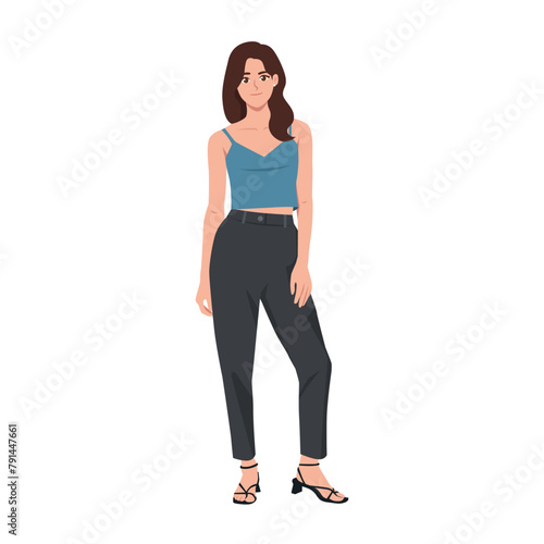 Young beautiful woman wearing crop top outfit and trousers. Flat vector illustration isolated on white background