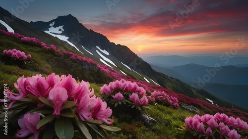Magical Pink Flowers Amid Summer Mountain Greenery, Pink Flowers in a Magical Summer Mountain Setting, Magical Pink Flowers in a Lush Green Mountain Landscape, Summer with Magical Pink Flowers in Gree photo