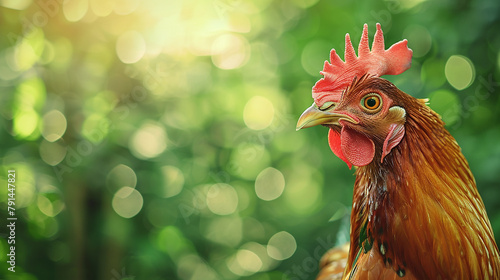 A chicken with a red beak and yellow eyes stands in front of a green background