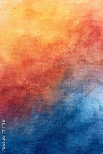 A painting of a sunset with a blue and orange background