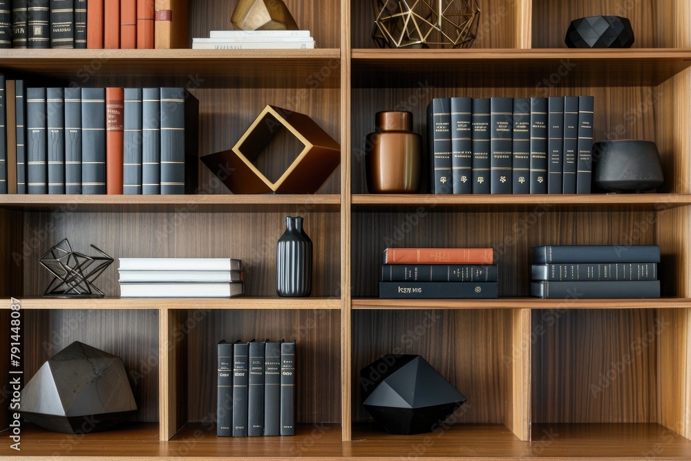 Bookshelves with books and vases in modern library, interior design Bookshelves with books and vases in modern library, interior design