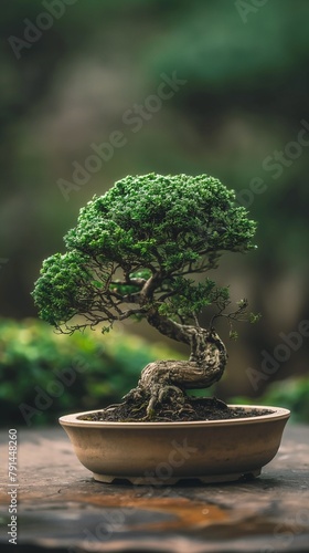 A Vertical Image Of A Bonsai Tree In A Pot On A Table.