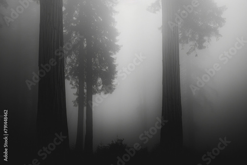The towering majesty of redwood trees shrouded in thick fog, their trunks disappearing into the mist. 