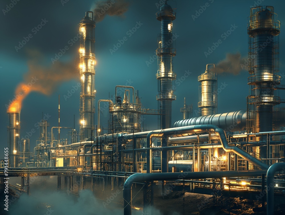 Illuminated oil refinery emitting smoke against twilight sky, showcasing energy and industrial might.