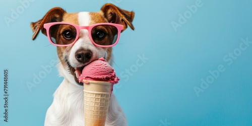 Cute dog in sunglasses eats ice cream. Puppy with ice cream. Summer background with pet and copy space photo
