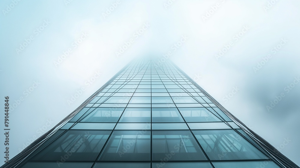An Upward View Of Towering Skyscraper With A Blue Sky In The Background. An Upward View Of Towering Skyscraper With A Blue Sky In The Background.