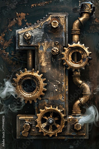 A steampunk "1" forged from brass gears and pipes, exuding a vintage industrial aura amidst wafting steam.