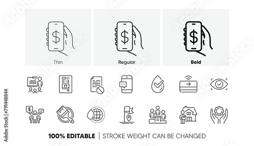 World water, Biometric eye and Money app line icons. Pack of Delivery man, Wrong file, Presentation icon. Coffee vending, Business podium, Employee hand pictogram. Brush. Line icons. Vector