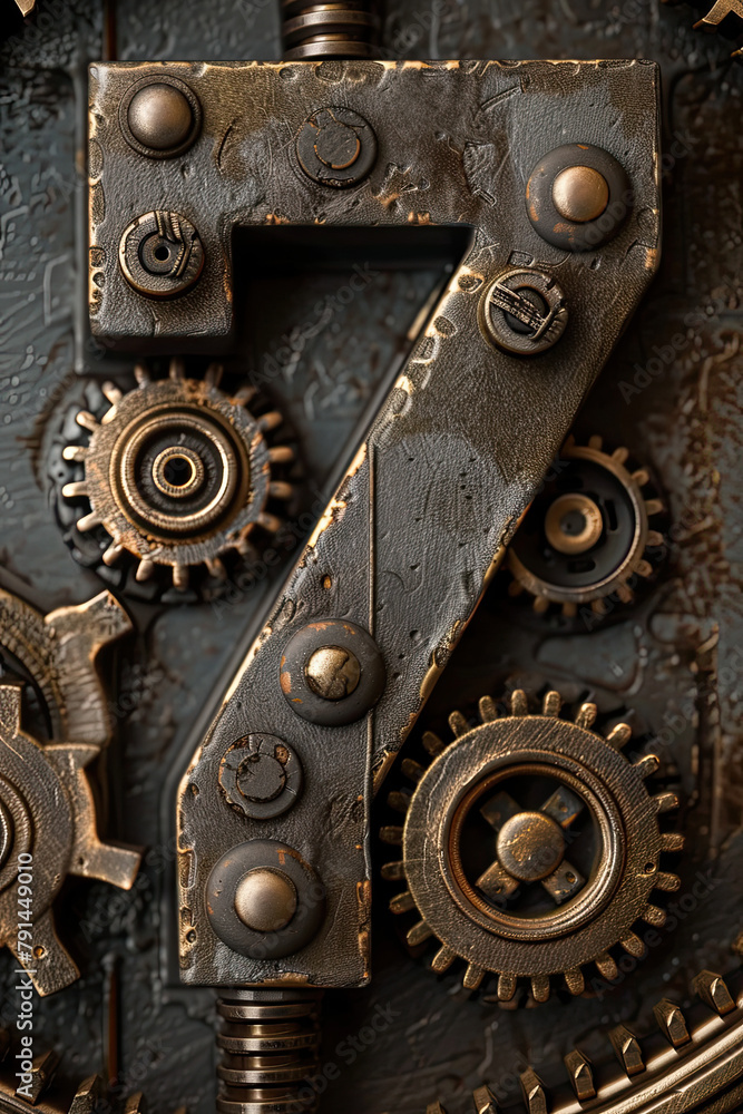 A richly detailed steampunk number seven, surrounded by interlocking brass gears and hissing steam pipes, emanates a vintage, mechanical charm.