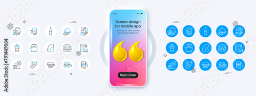 Food app, Food order and Grill line icons. Phone mockup with 3d quotation icon. Pack of Teapot, Water bottle, Peanut icon. Mocha, Burger, Mint bag pictogram. Vector