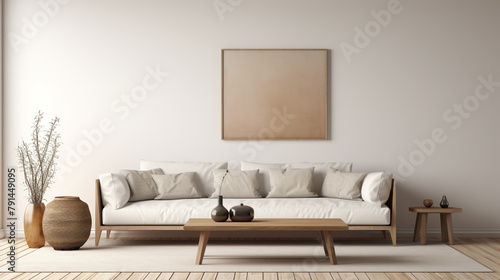 A cozy Scandinavian sofa nestled beside a sleek coffee table in a minimalist interior, with an empty wall mockup awaiting personalized artwork. photo