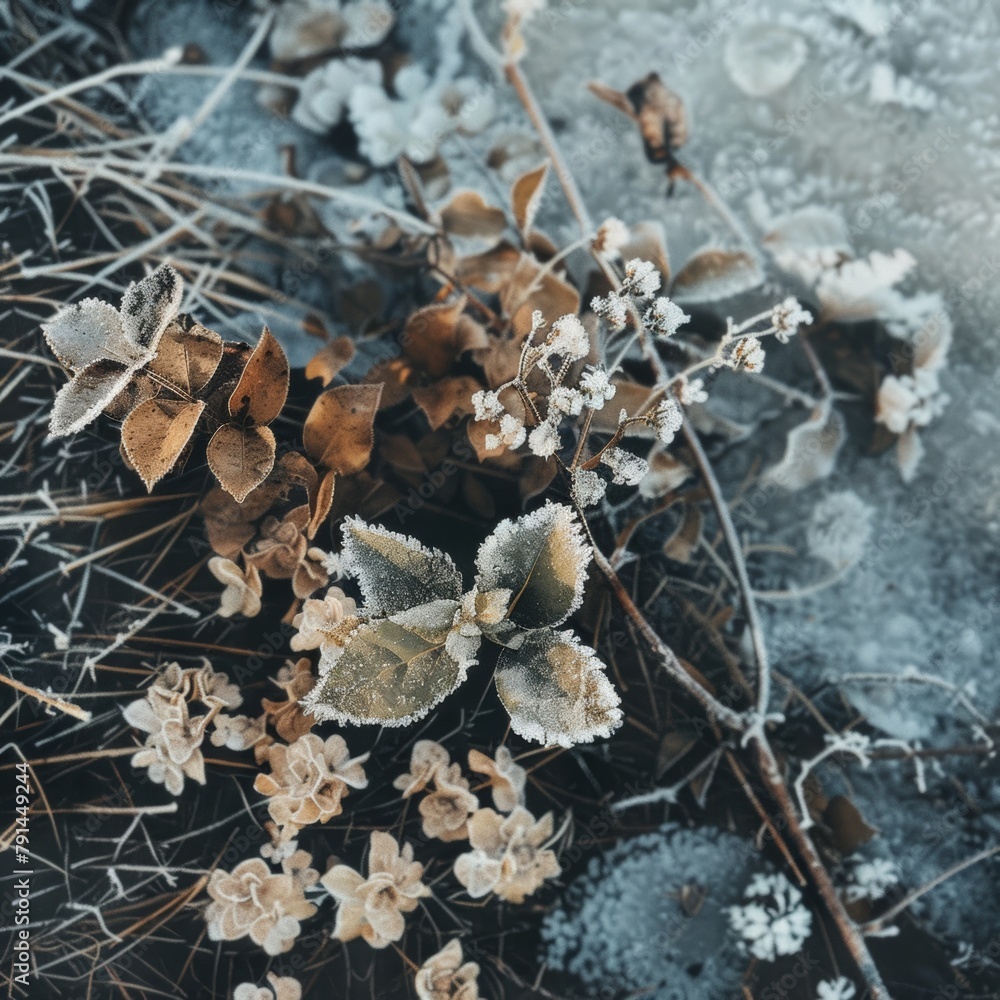 A close up of a branch covered in frost and snow. The branch is covered in ice and snow, giving it a cold and wintry appearance. Concept of stillness and tranquility A close up of a branch covered in frost and snow. The branch is covered in ice and snow, giving it a cold and wintry appearance. Concept of stillness and tranquility