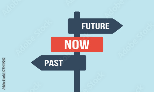 Past now future signpost. Successful choice vector concept. Different way or alternative illustration. Opposite direction traffic sign.