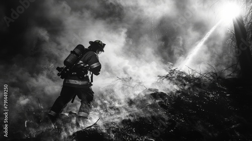 A black and white photo of a firefighter battling a blaze, emphasizing the stark contrast between the light and dark elements of the scene. photo