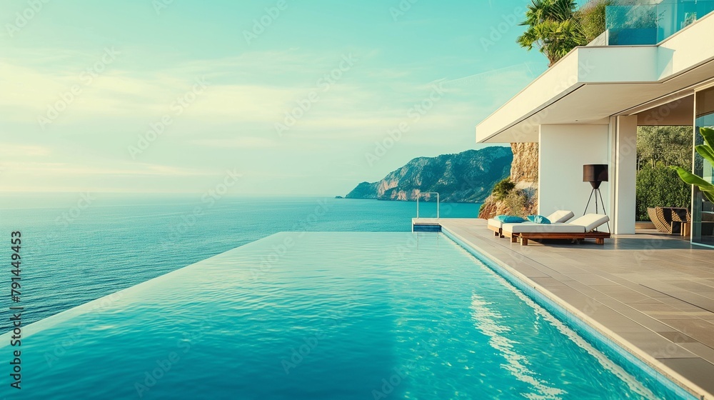 Fototapeta premium A Balcony Pool Villa With A Swimming Pool Overlooking The Ocean.