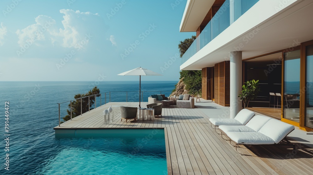 Fototapeta premium A Balcony Pool Villa With A Swimming Pool Overlooking The Ocean.