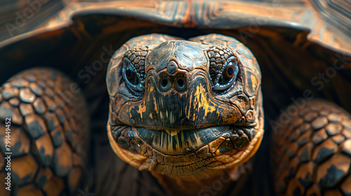 Direct frontal view of a tortoise with detailed shell