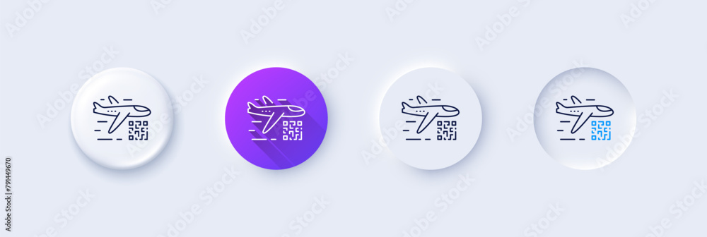Qr code line icon. Neumorphic, Purple gradient, 3d pin buttons. Scan barcode sign. Flight tickets scanner symbol. Line icons. Neumorphic buttons with outline signs. Vector Qr code line icon. Neumorphic, Purple gradient, 3d pin buttons. Scan barcode sign. Flight tickets scanner symbol. Line icons. Neumorphic buttons with outline signs. Vector