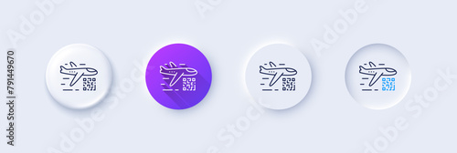 Qr code line icon. Neumorphic, Purple gradient, 3d pin buttons. Scan barcode sign. Flight tickets scanner symbol. Line icons. Neumorphic buttons with outline signs. Vector