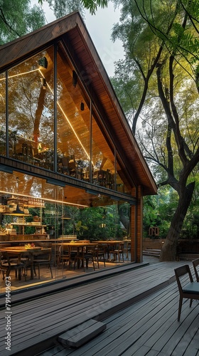 A Vertical Image Of A Restaurant With A Wooden Deck And Surrounded By Trees.