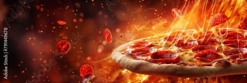 Pepperoni pizza with a dramatic fiery explosion themed background, emphasizing delicious heat and energy of the flavors
