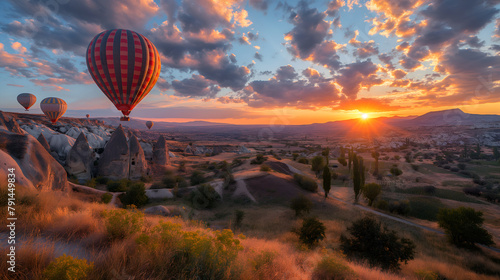 Turkish Treasure: Hot Air Balloons Soar Over Cappadocia's Majestic Landscape photo
