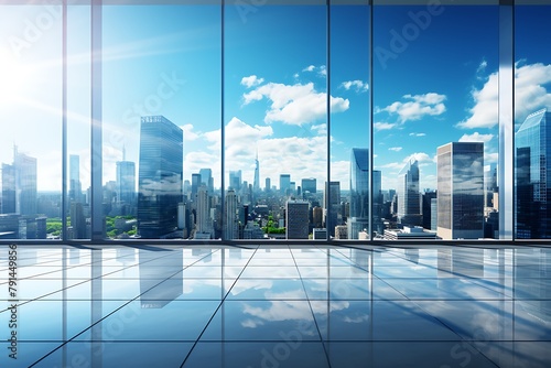 Empty office with glass windows and city view. 3D Rendering