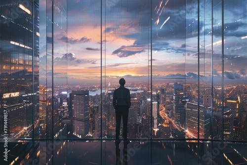 Business man stands inside a city skyscraper and looks out the window. Business man overlooks the city at night in the office