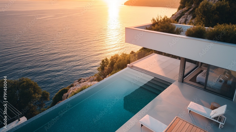 Fototapeta premium A Balcony Pool Villa With A Swimming Pool Overlooking The Ocean At Sunset.