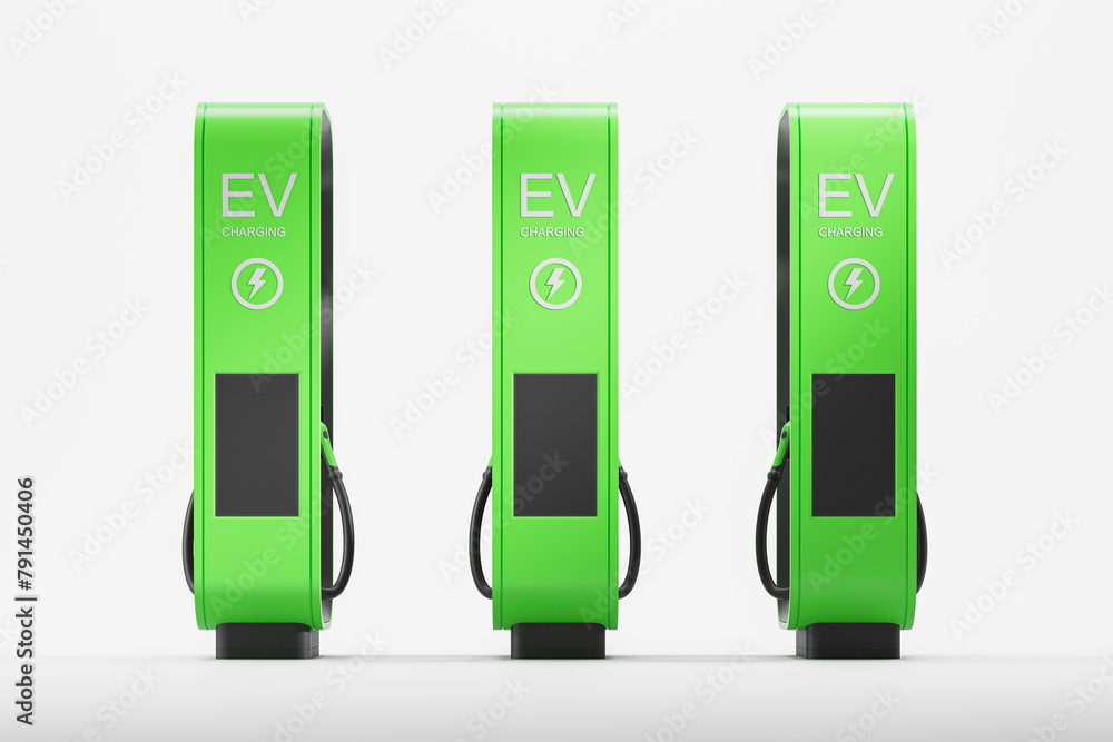 Three green electric vehicle charging stations on a plain white background, concept of green energy. 3D Rendering - obrazy, fototapety, plakaty 