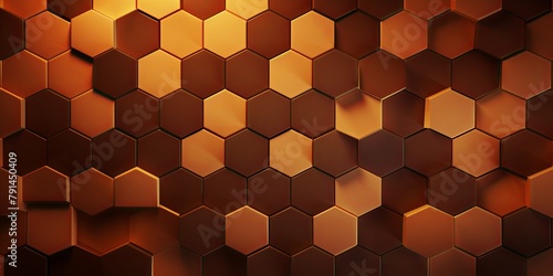 Brown background with hexagon pattern, 3D rendering illustration. Abstract brown wallpaper design for banner, poster or cover with copy space for photo text or product, blank empty copyspace. 