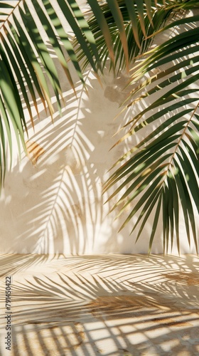 This image captures the intricate play of palm tree shadows on a textured sandy surface, evoking a serene and natural vibe