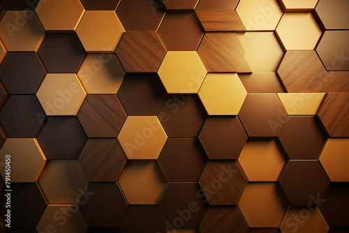 Brown background with hexagon pattern, 3D rendering illustration. Abstract brown wallpaper design for banner, poster or cover with copy space for photo text or product, blank empty copyspace. 