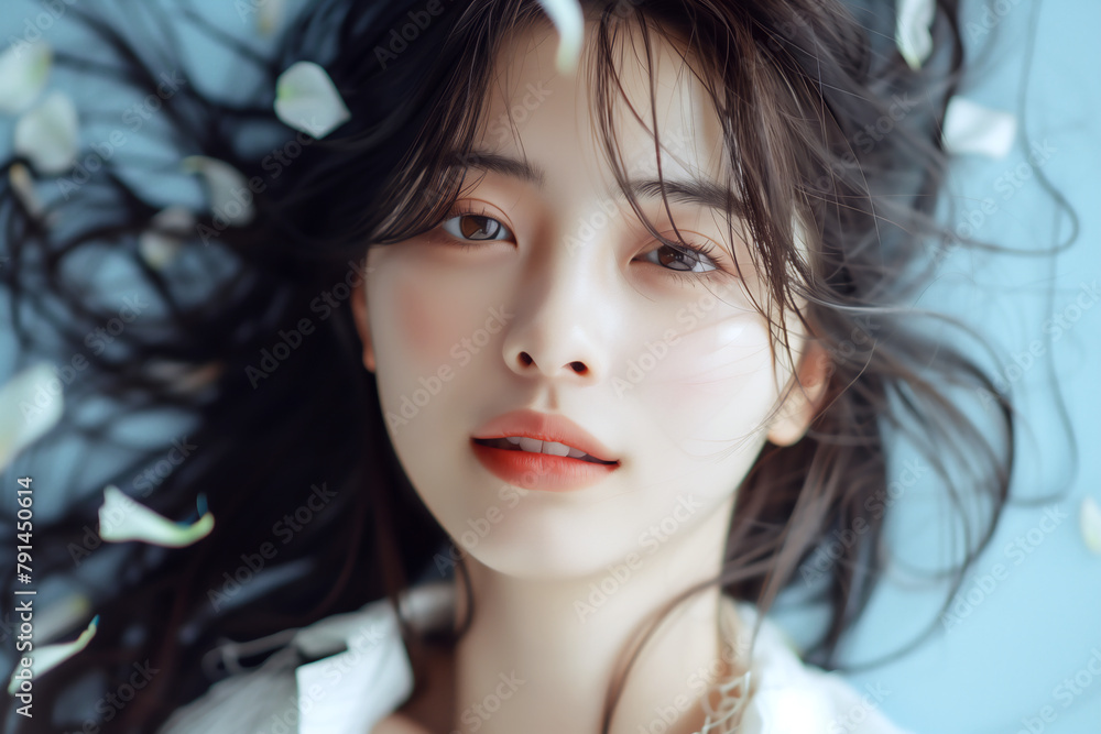 花びらと風になびく髪が美しい女性のポートレート 花びらと風になびく髪が美しい女性のポートレート