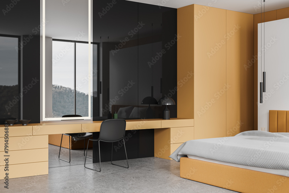 Elegant hotel bedroom interior with bed and beauty table with shelves Elegant hotel bedroom interior with bed and beauty table with shelves