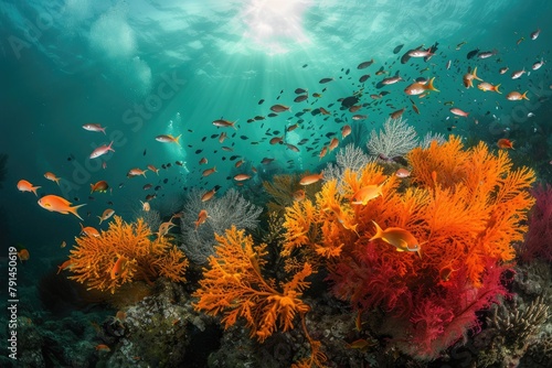 A network of vibrant coral reefs thriving in protected marine reserves, showcasing the importance of conservation efforts in safeguarding vulnerable ecosystems from climate impacts. photo