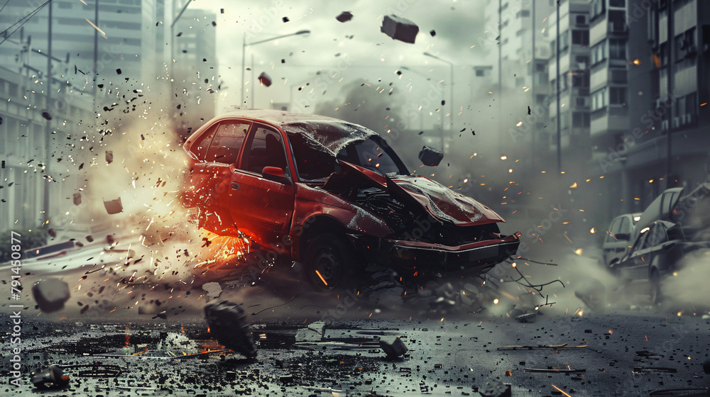 Dramatic Urban Car Collision Scene