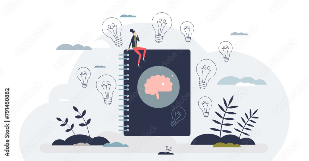 Journaling for mental health and emotions awareness tiny person concept, transparent background. Write thoughts for gratitude and mindfulness illustration. Psychological self help therapy. - obrazy, fototapety, plakaty 