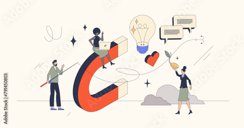 Inbound marketing strategy for new customers neubrutalism tiny person concept, transparent background. Attract clients with effective and creative communication.